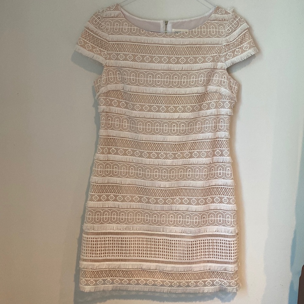 Eliza J Beige/White Fringe Cap Sleeve Dress- Size 8